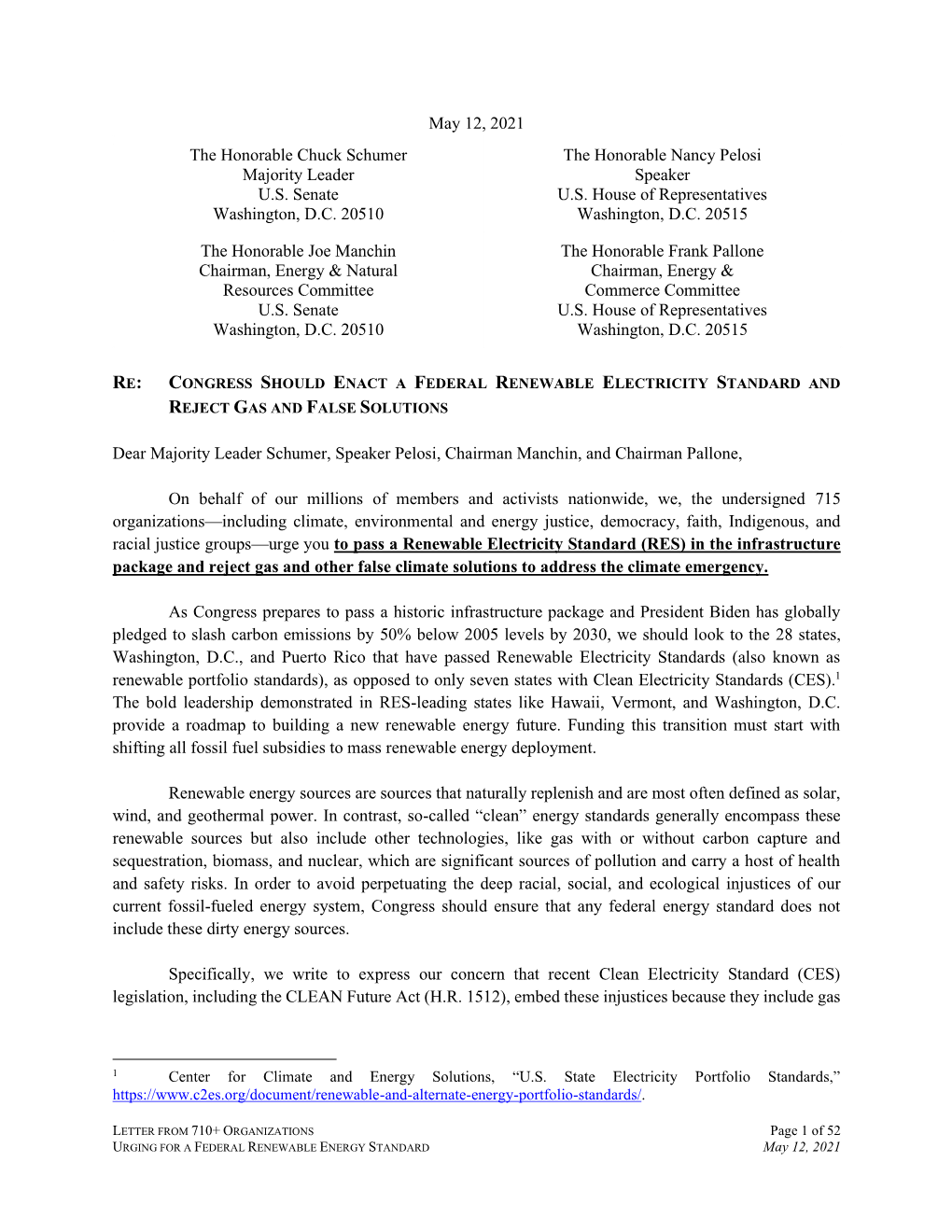 LETTER from 710+ ORGANIZATIONS Page 1 of 52 URGING for a FEDERAL RENEWABLE ENERGY STANDARD May 12, 2021