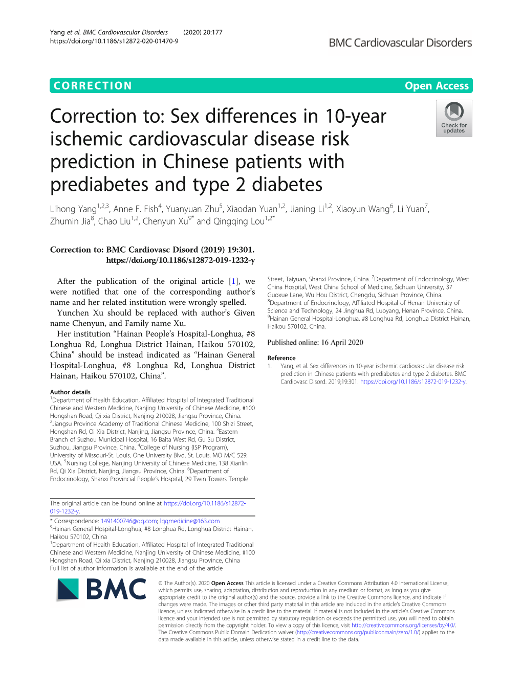 Sex Differences in 10-Year Ischemic Cardiovascular Disease Risk Prediction in Chinese Patients with Prediabetes and Type 2 Diabetes Lihong Yang1,2,3, Anne F