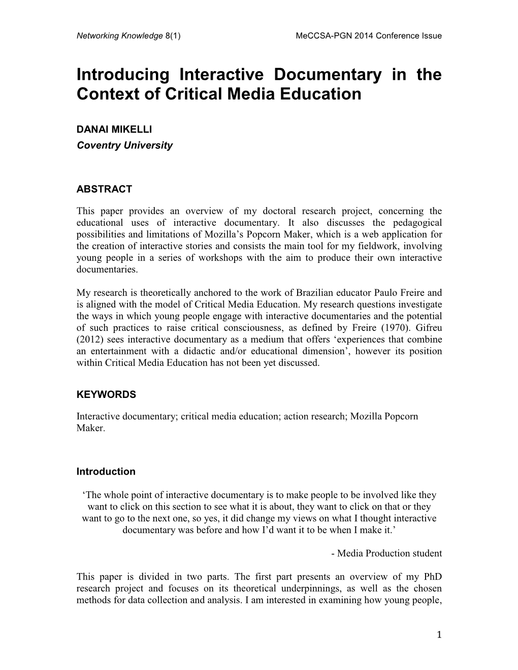 Introducing Interactive Documentary in the Context of Critical Media Education