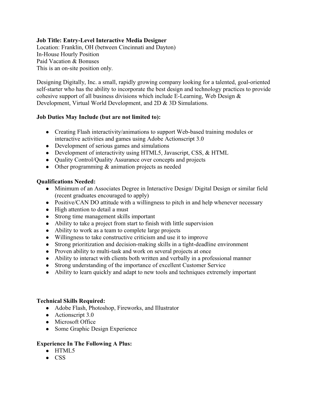 DDINC-POSITION - Entry Level Interactive Media