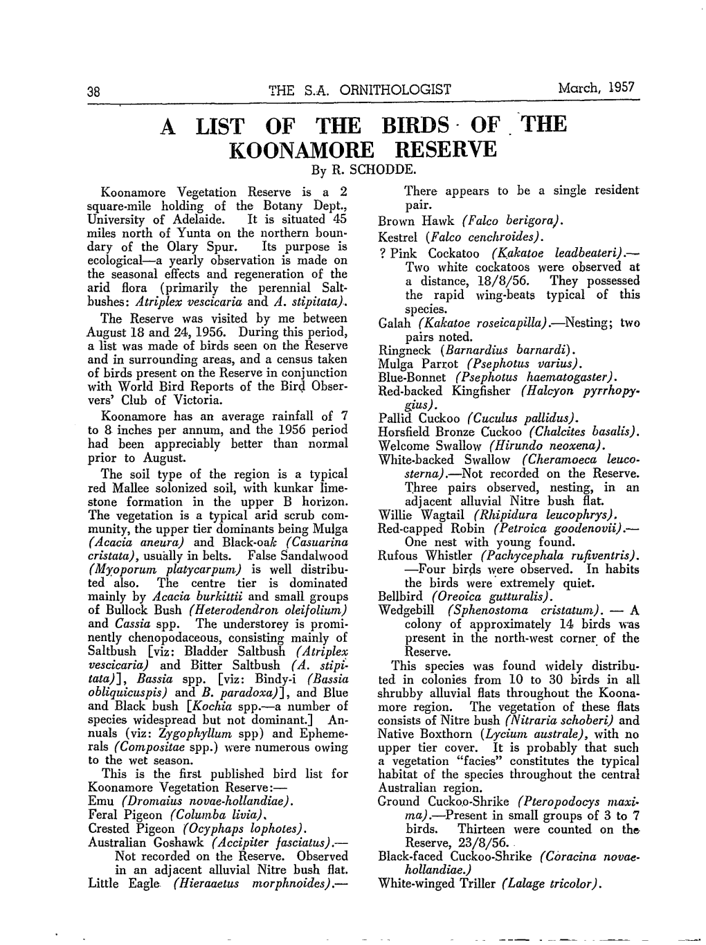 A LIST of the BIRDS, of the KOONAMORE RESERVE by R