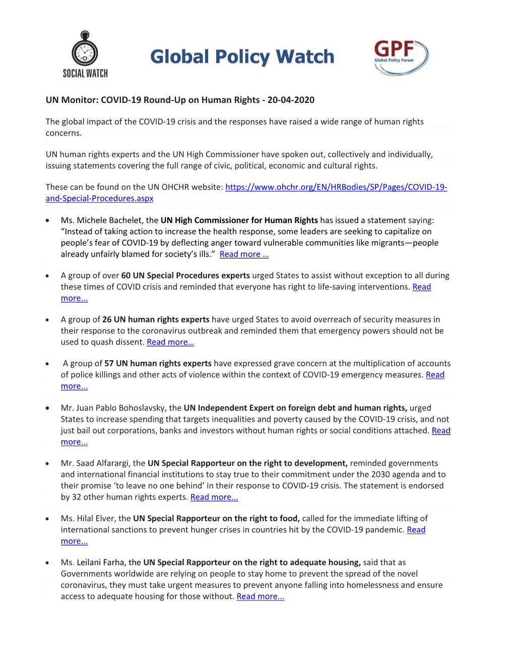UN Monitor: COVID-19 Round-Up on Human Rights - 20-04-2020