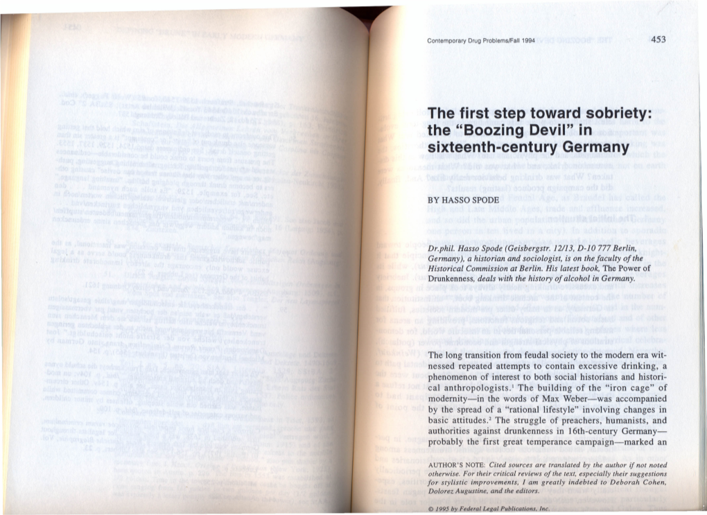 The First Step Toward Sobriety: the "Boozing Devii" in Sixteenth-Century Germany