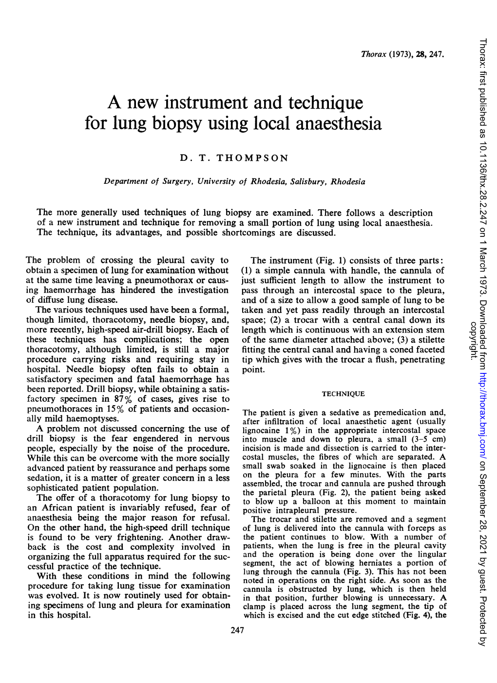 A New Instrument and Technique for Lung Biopsy Using Local Anaesthesia