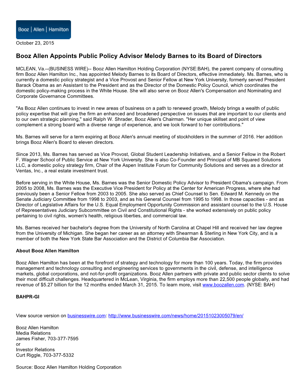 Booz Allen Appoints Public Policy Advisor Melody Barnes to Its Board of Directors