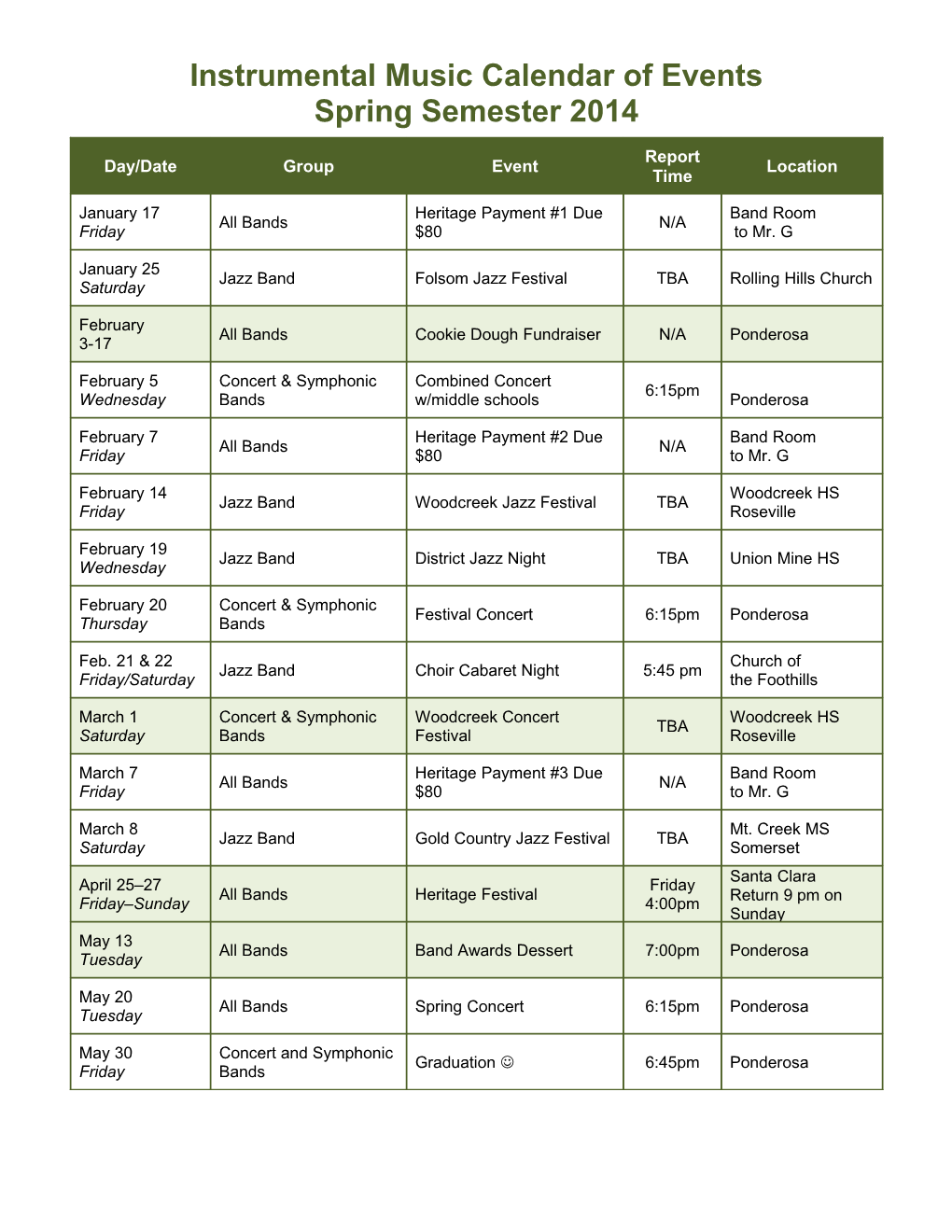 Instrumental Music Calendar of Events