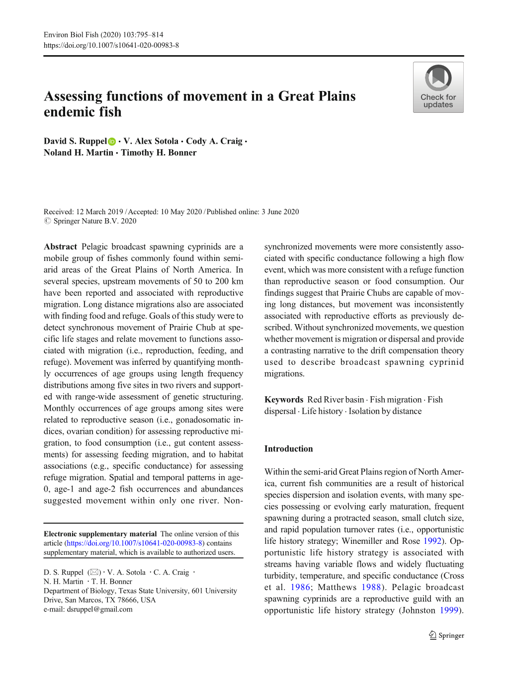 Assessing Functions of Movement in a Great Plains Endemic Fish