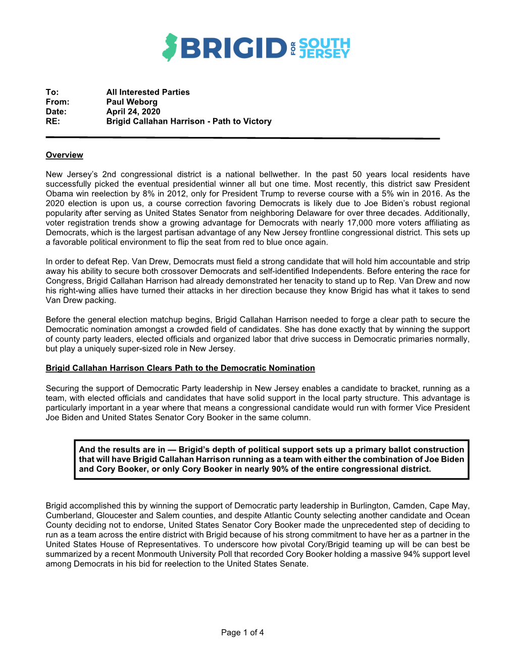 Page 1 of 4 To: All Interested Parties From: Paul Weborg Date: April 24, 2020 RE: Brigid Callahan Harrison