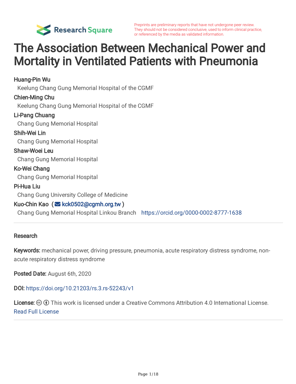 The Association Between Mechanical Power and Mortality in Ventilated Patients with Pneumonia