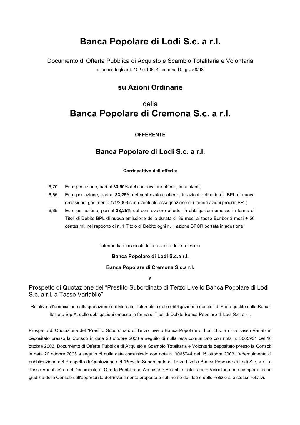 Banca Popolare Di Lodi Sc a Rl