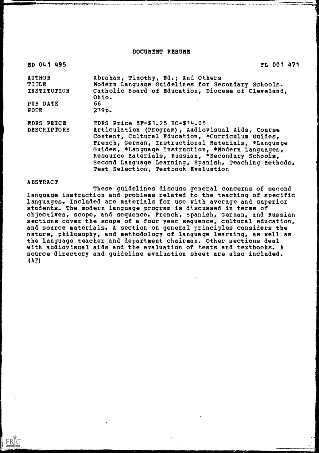 Modern Language Guidelines for Secondary Schools. INSTITUTION Catholic Board of Education, Diocese of Cleveland, Ohio