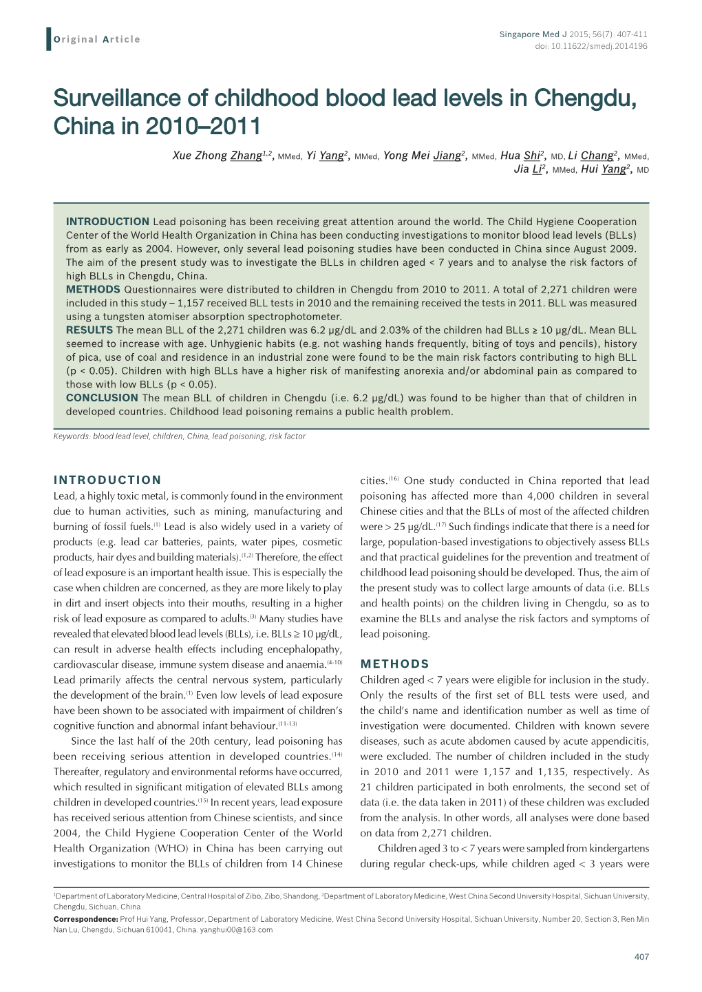 Surveillance of Childhood Blood Lead Levels in Chengdu, China in 2010–2011