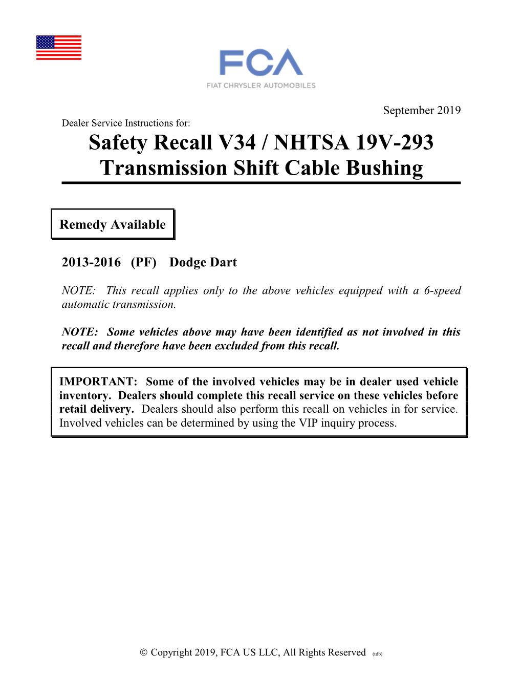 Safety Recall V34 / NHTSA 19V-293 Transmission Shift Cable Bushing