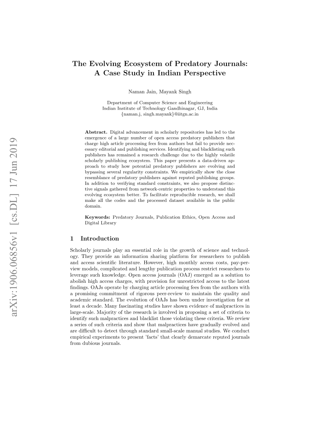 The Evolving Ecosystem of Predatory Journals: a Case Study in Indian Perspective