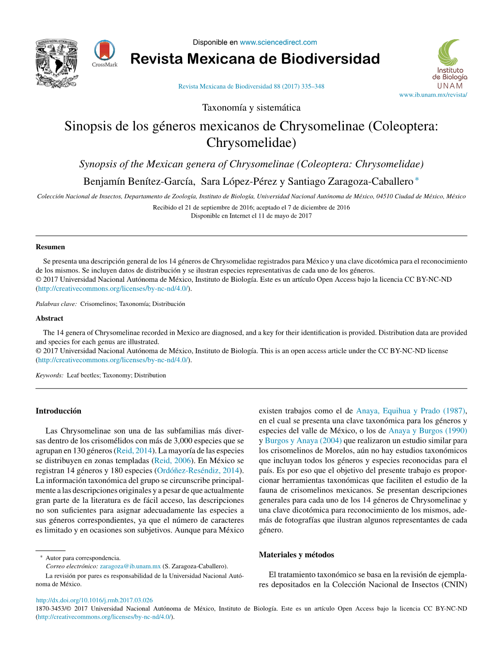 Sinopsis De Los Géneros Mexicanos De Chrysomelinae (Coleoptera: Chrysomelidae)