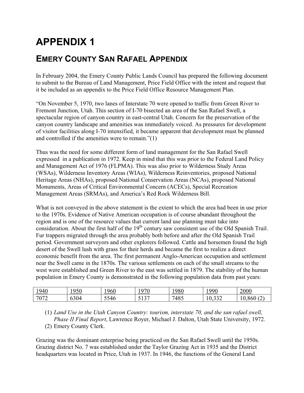 Appendix 1 Emery County San Rafael Appendix