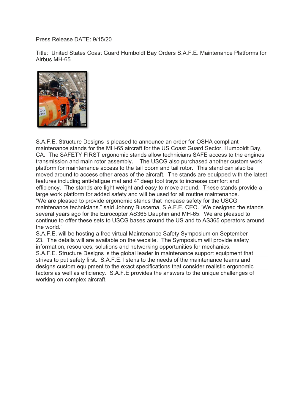 United States Coast Guard Orders S.A.F.E. Maintenance Platforms for Airbus MH-65