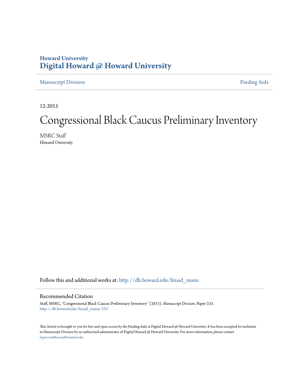 Congressional Black Caucus Preliminary Inventory MSRC Staff Howard University