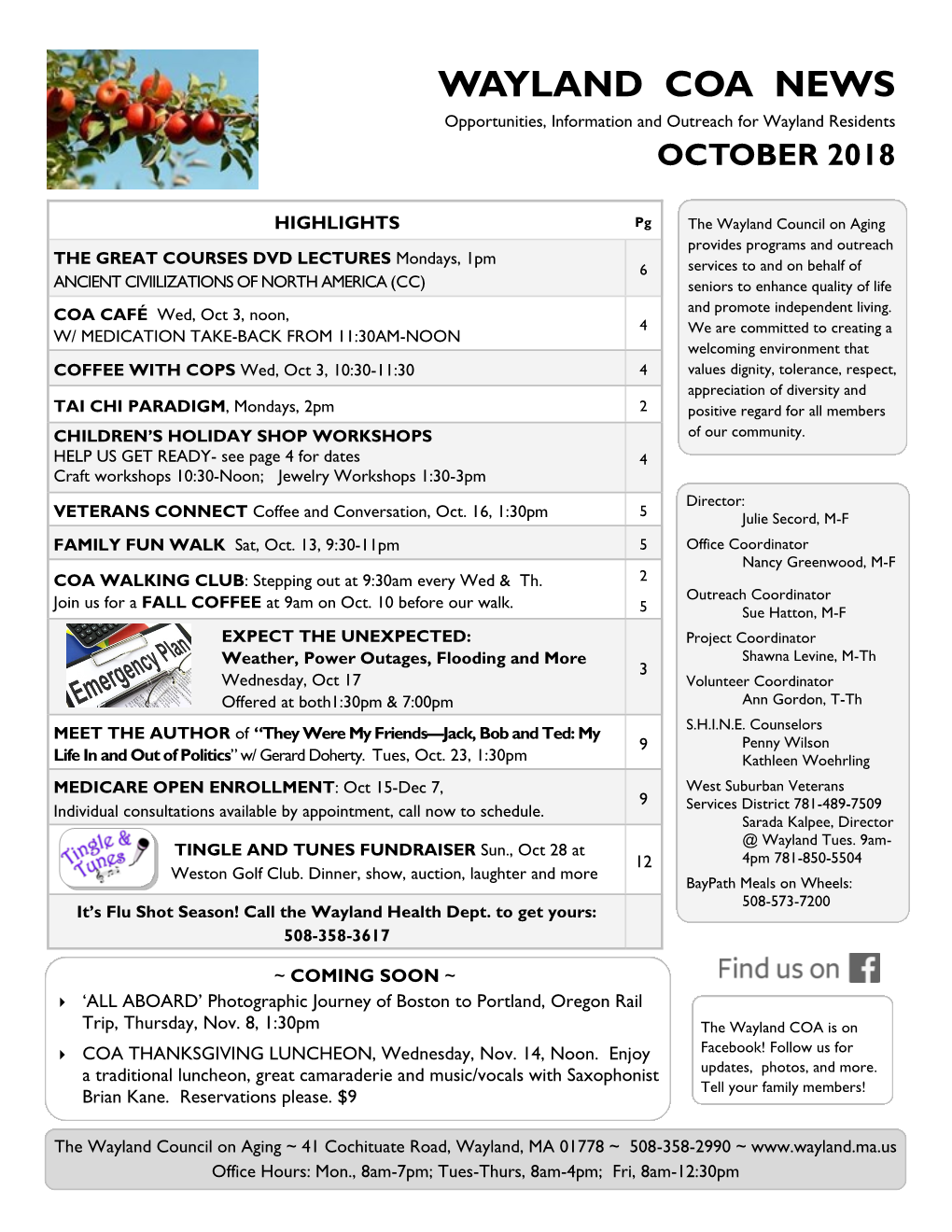 WAYLAND COA NEWS Opportunities, Information and Outreach for Wayland Residents OCTOBER 2018