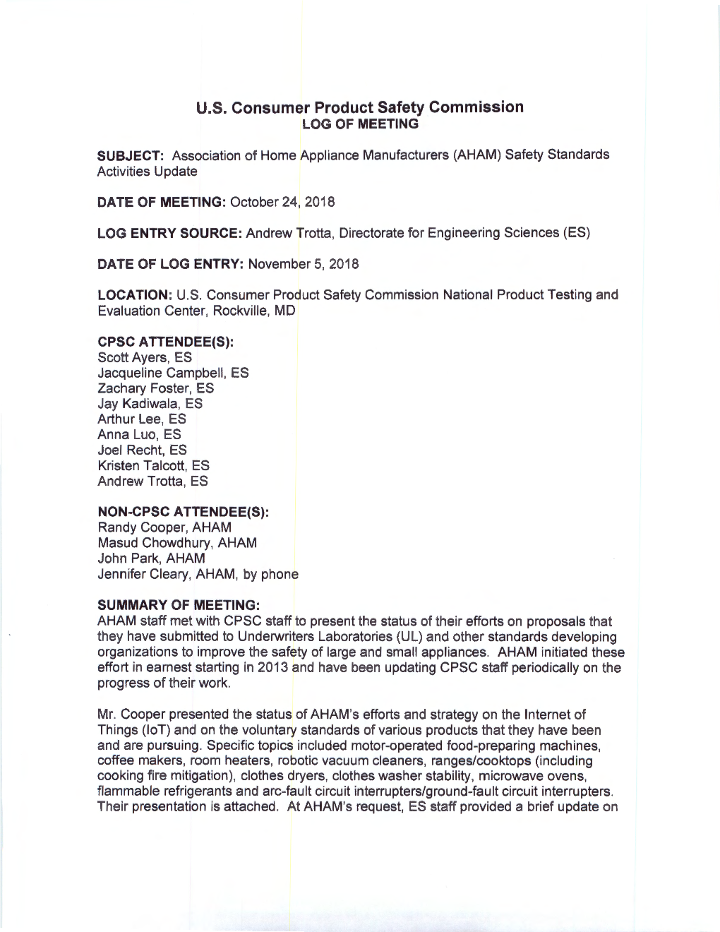 U.S. Consumer Product Safety Commission LOG of MEETING