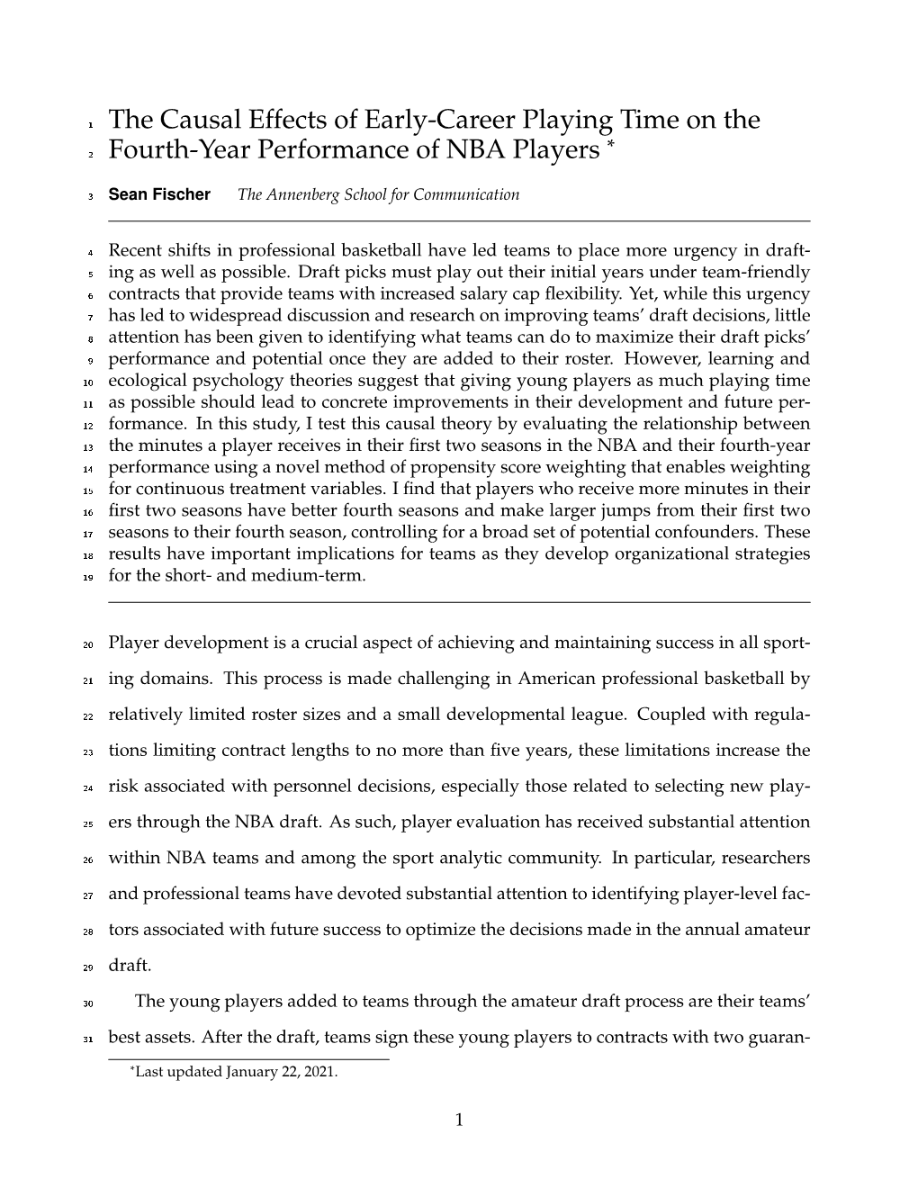 The Causal Effects of Early-Career Playing Time on the Fourth-Year Performance of NBA Players *