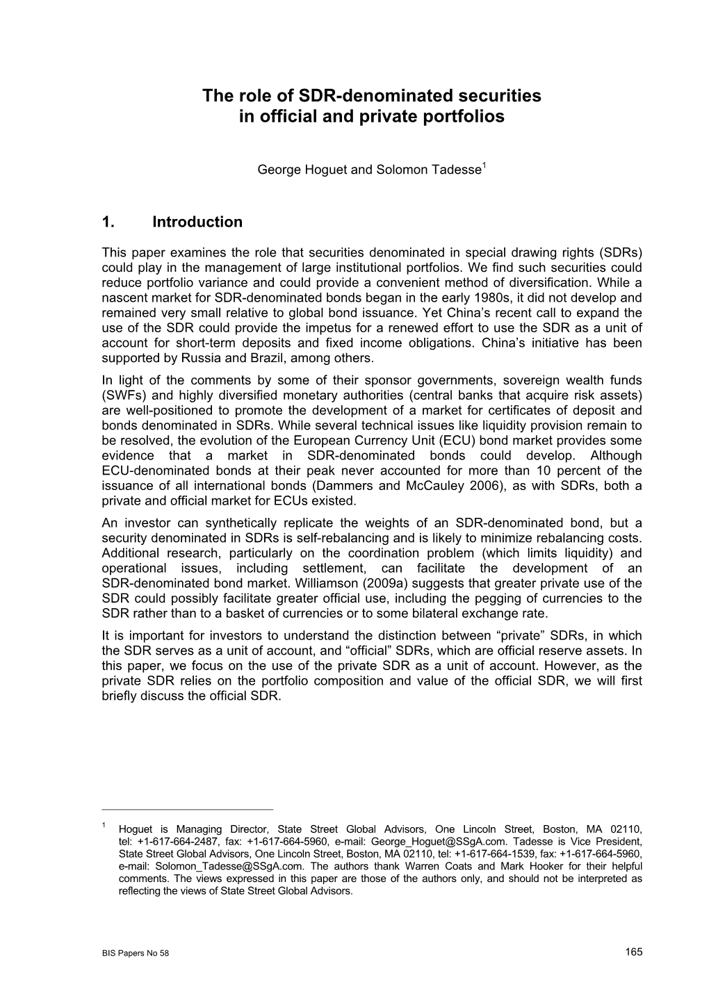 The Role of SDR-Denominated Securities in Official and Private Portfolios