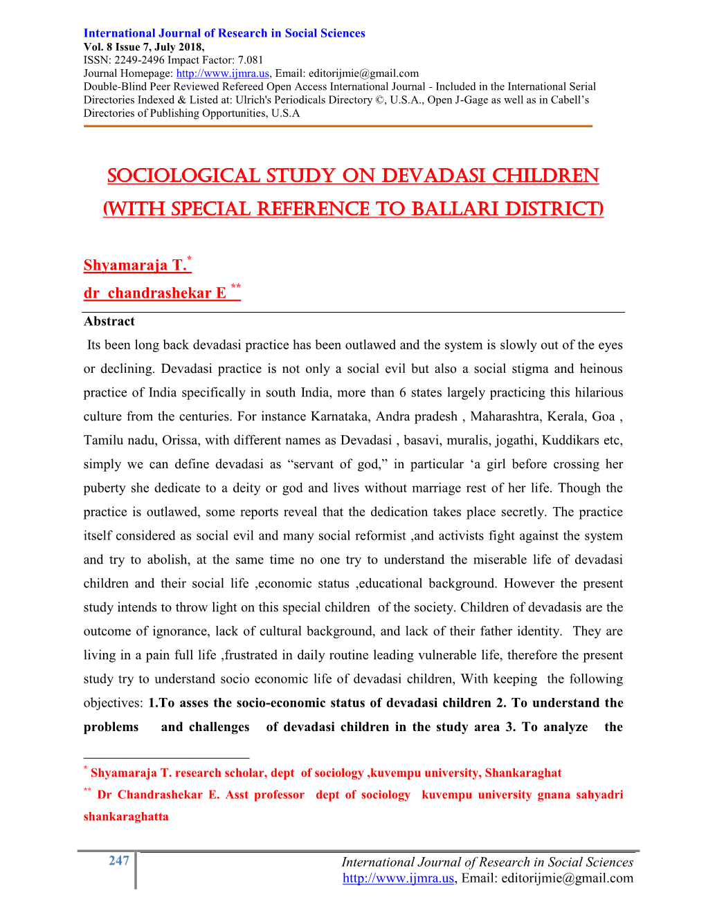 Sociological Study on Devadasi Children (With Special Reference to Ballari District)