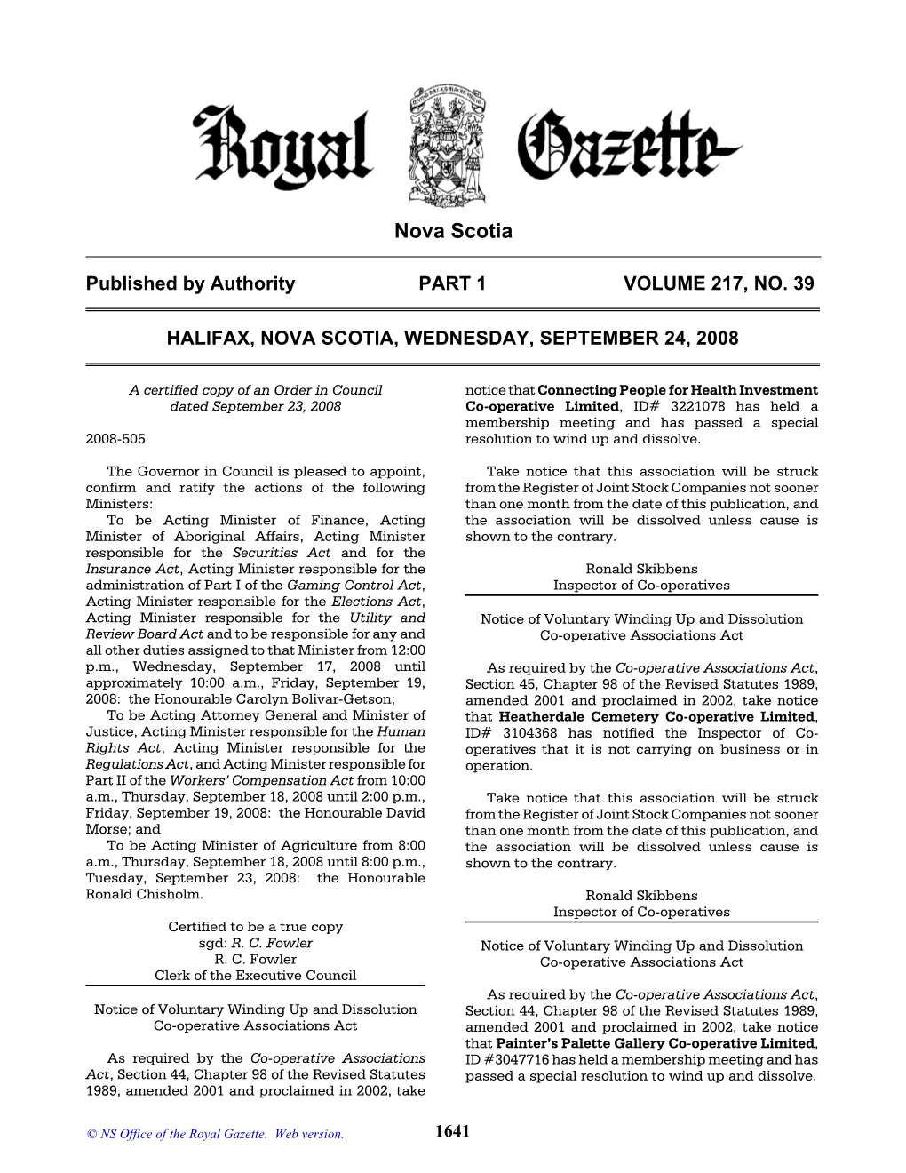 NS Royal Gazette Part I