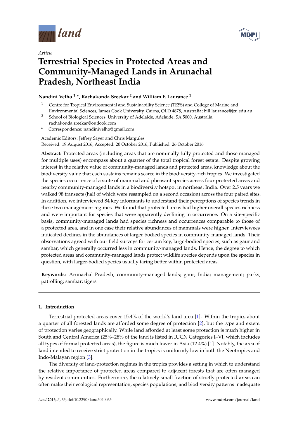 Terrestrial Species in Protected Areas and Community-Managed Lands in Arunachal Pradesh, Northeast India