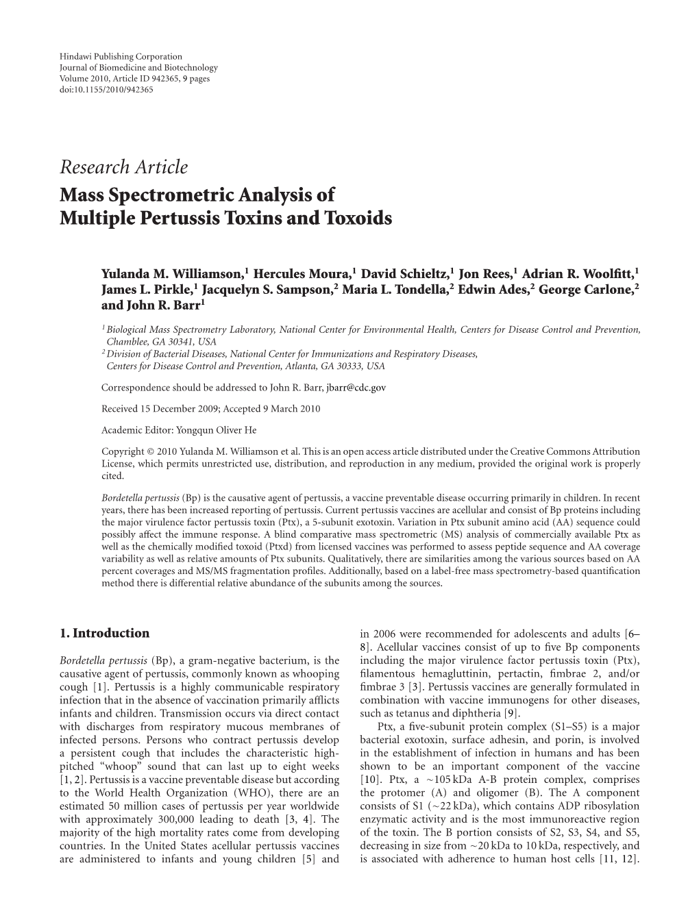 Research Article Mass Spectrometric Analysis of Multiple Pertussis Toxins and Toxoids