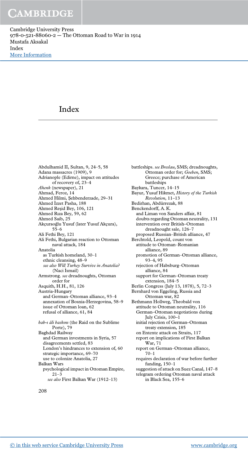 Cambridge University Press 978-0-521-88060-2 — the Ottoman Road to War in 1914 Mustafa Aksakal Index More Information