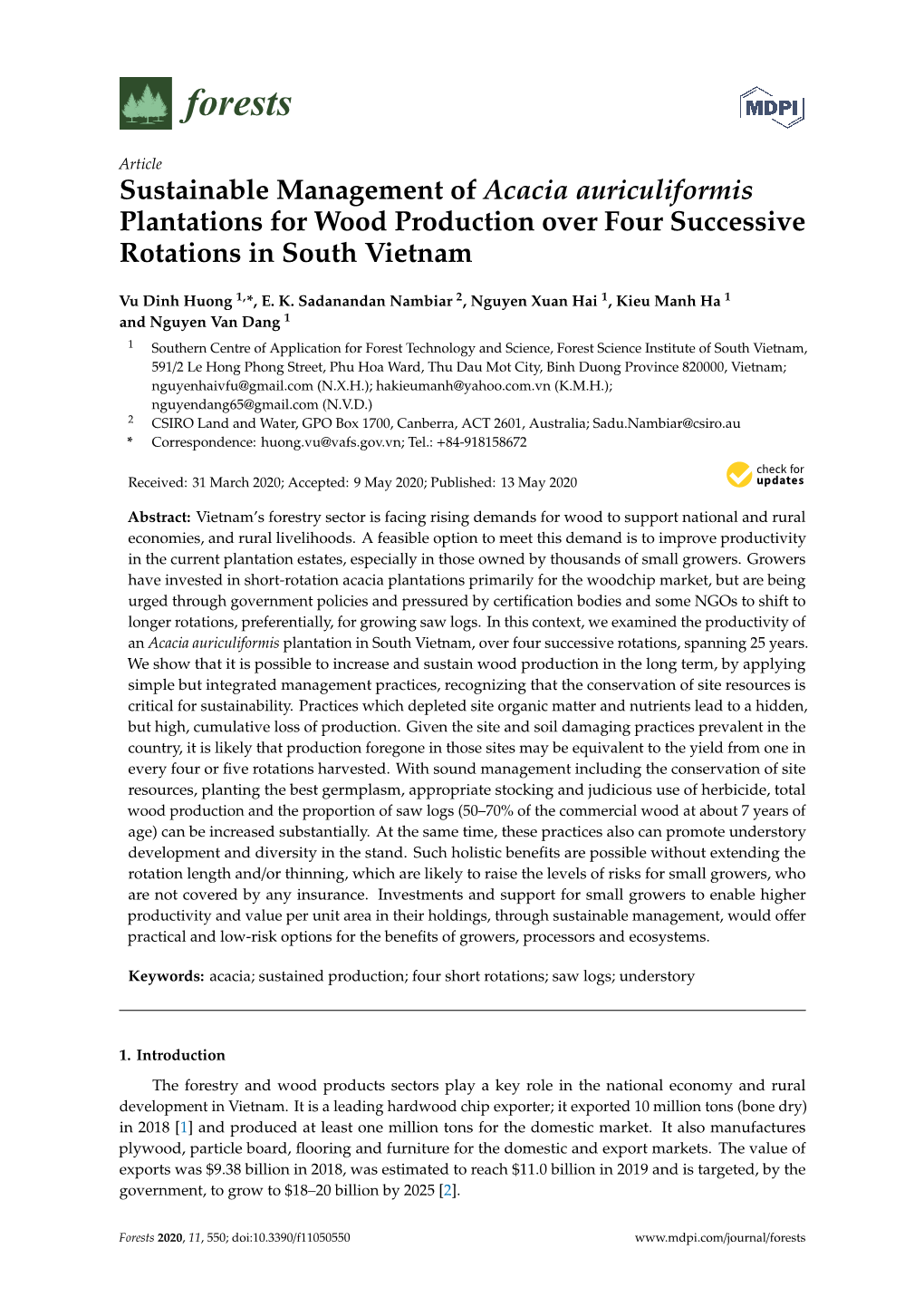 Sustainable Management of Acacia Auriculiformis Plantations for Wood Production Over Four Successive Rotations in South Vietnam