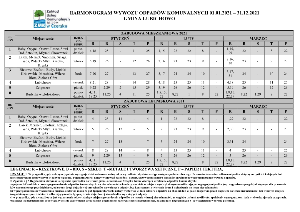 Harmonogram Wywozu Odpadów Komunalnych 01.01.2021 – 31.12.2021 Gmina Lubichowo