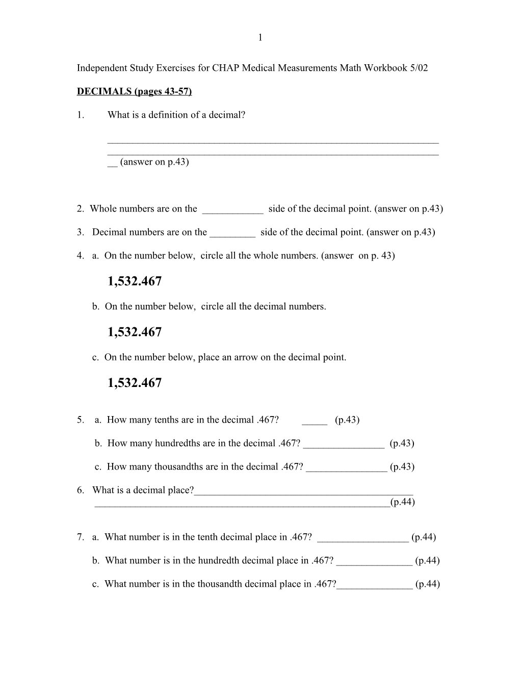 Independent Study Exercises for CHAP Medical Measurements Math Workbook 5/02