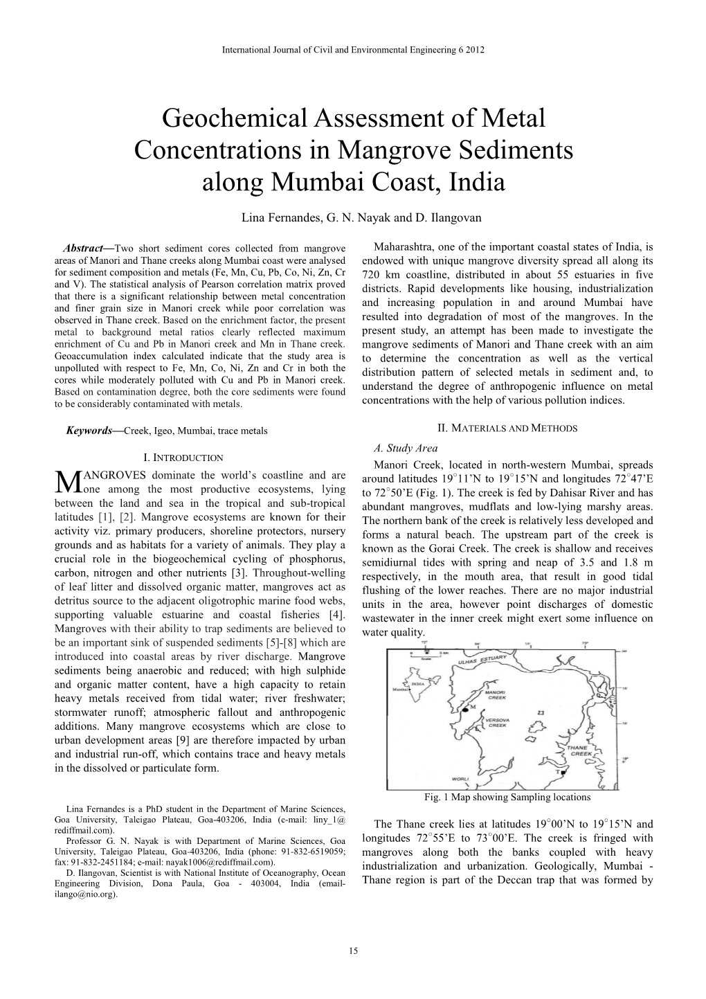 Geochemical Assessment of Metal Concentrations in Mangrove Sediments Along Mumbai Coast, India