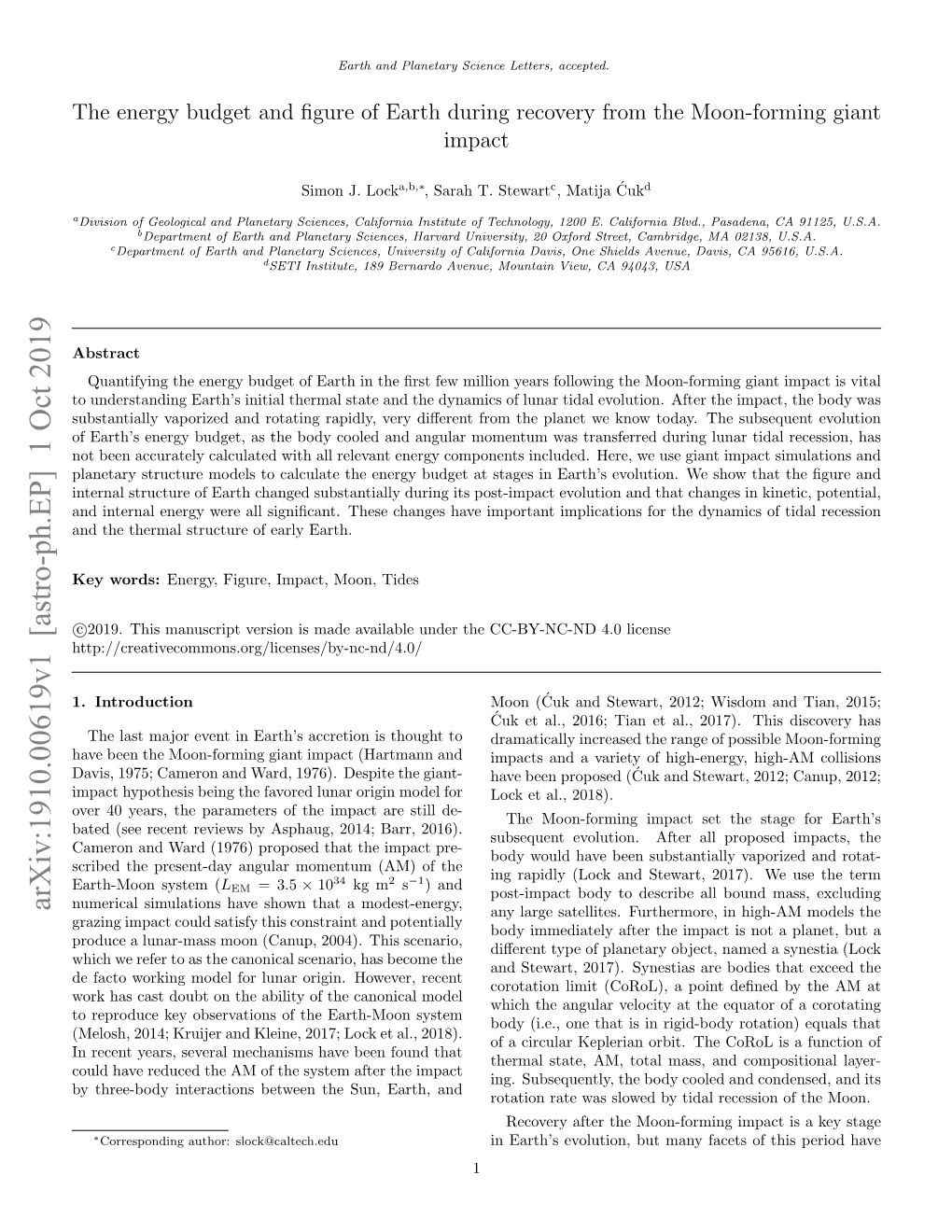 Arxiv:1910.00619V1 [Astro-Ph.EP] 1 Oct 2019 Numerical Simulations Have Shown That a Modest-Energy, Any Large Satellites