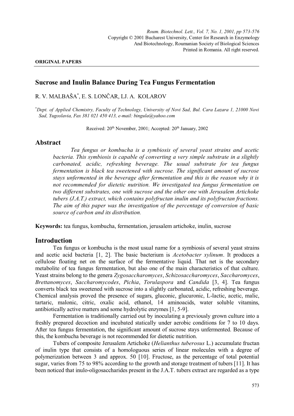 Sucrose and Inulin Balance During Tea Fungus Fermentation