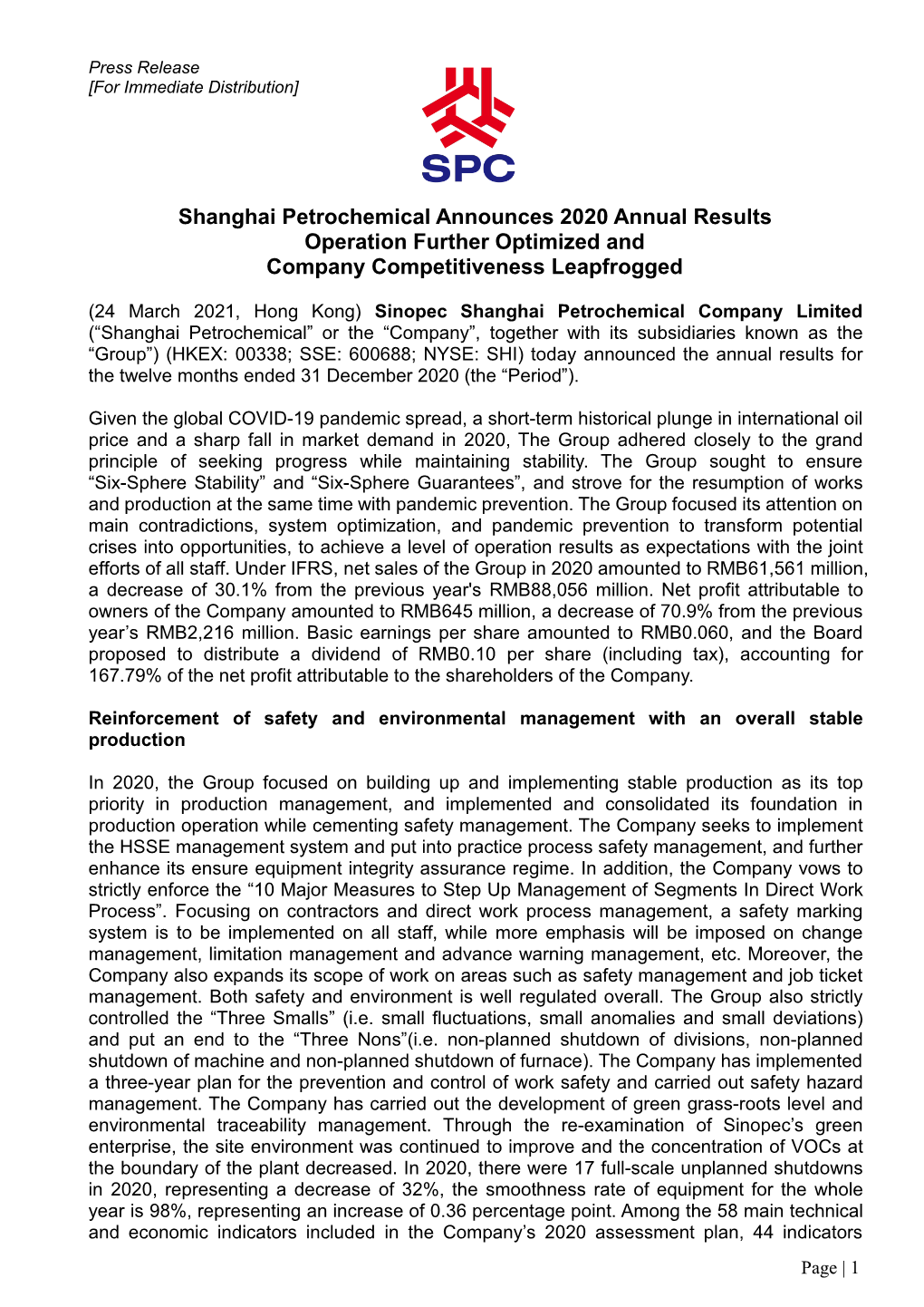 Shanghai Petrochemical Announces 2020 Annual Results Operation Further Optimized and Company Competitiveness Leapfrogged