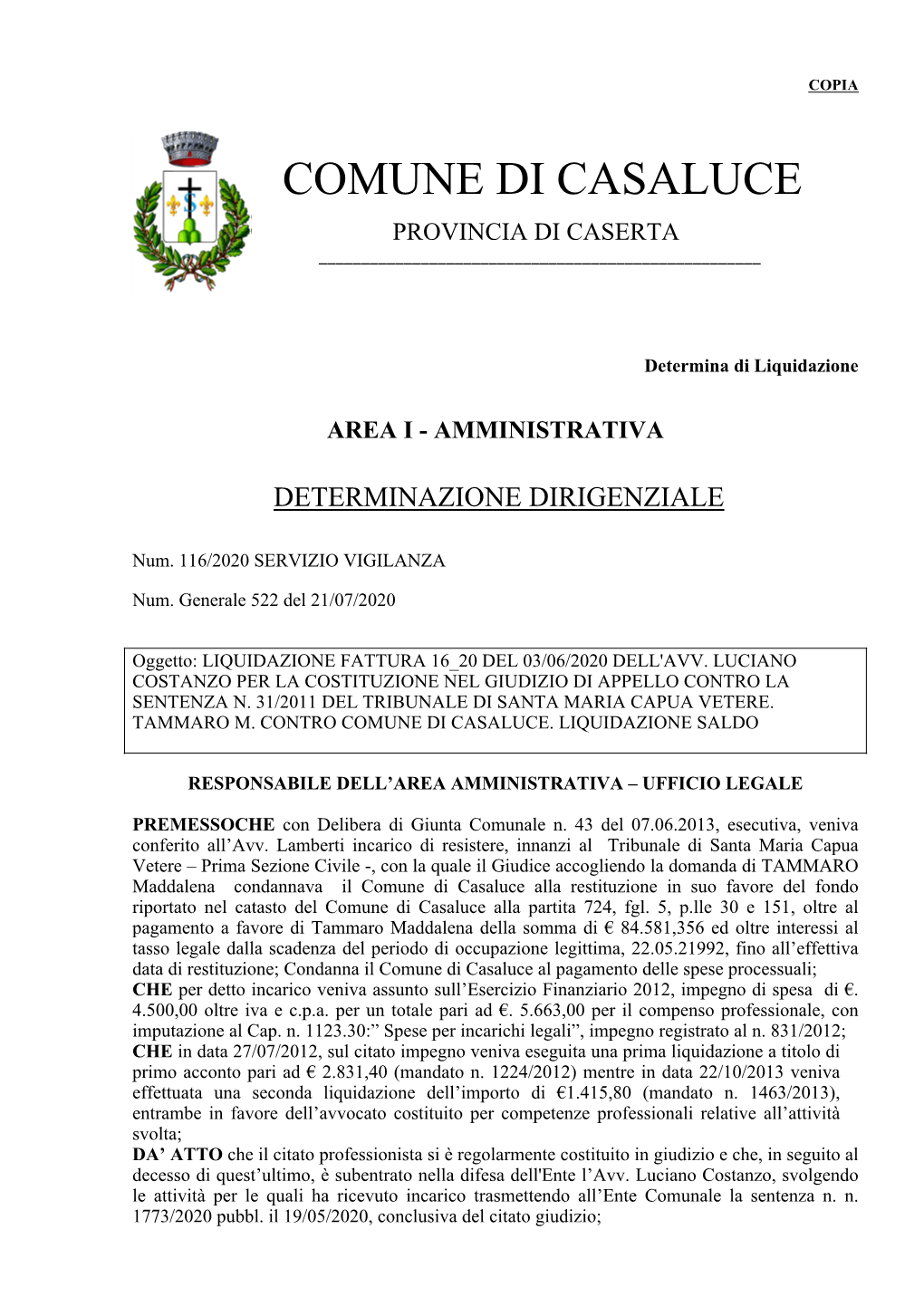 Comune Di Casaluce Provincia Di Caserta ______