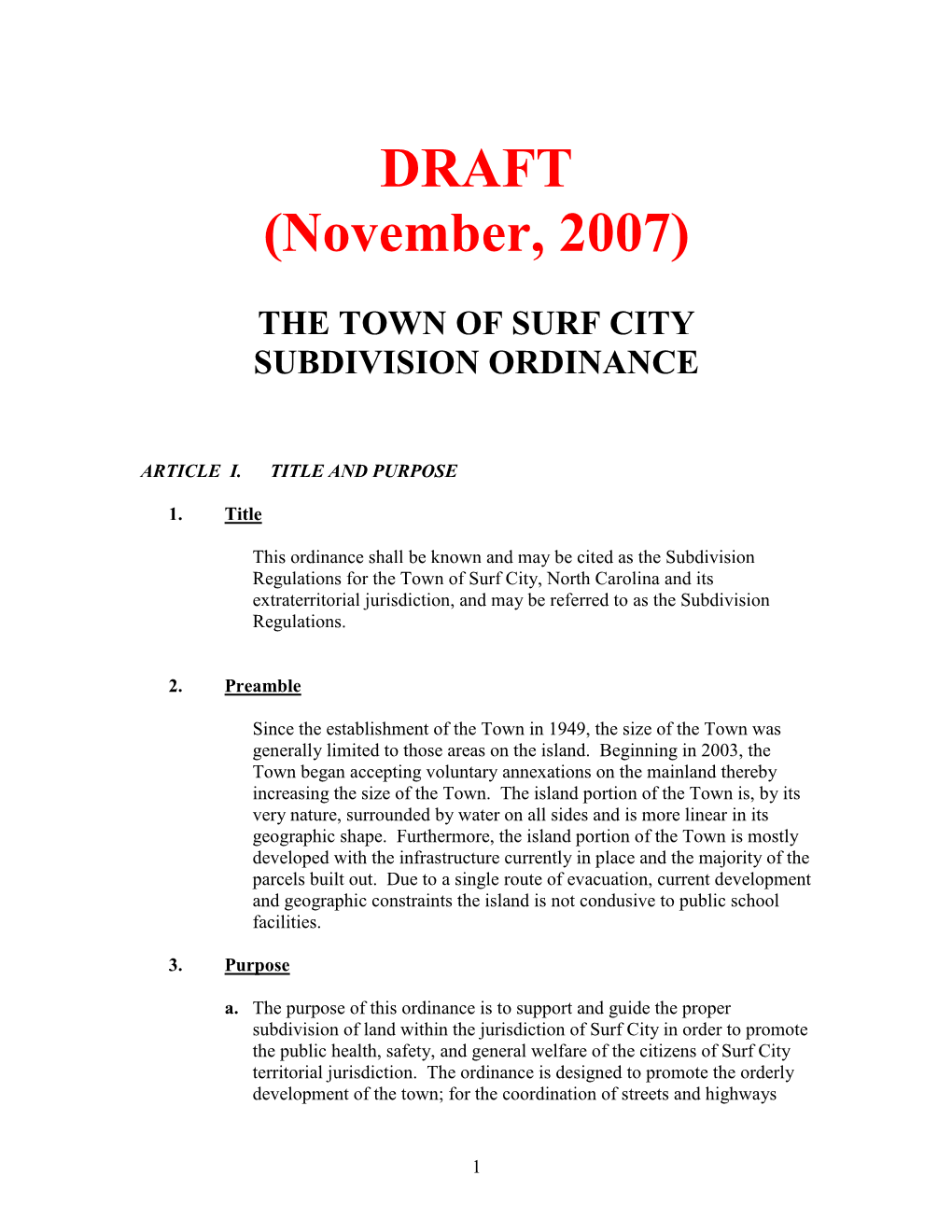 The Town of Surf City Subdivision Ordinance