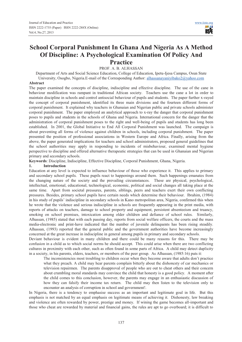 School Corporal Punishment in Ghana and Nigeria As a Method of Discipline: a Psychological Examination of Policy and Practice PROF