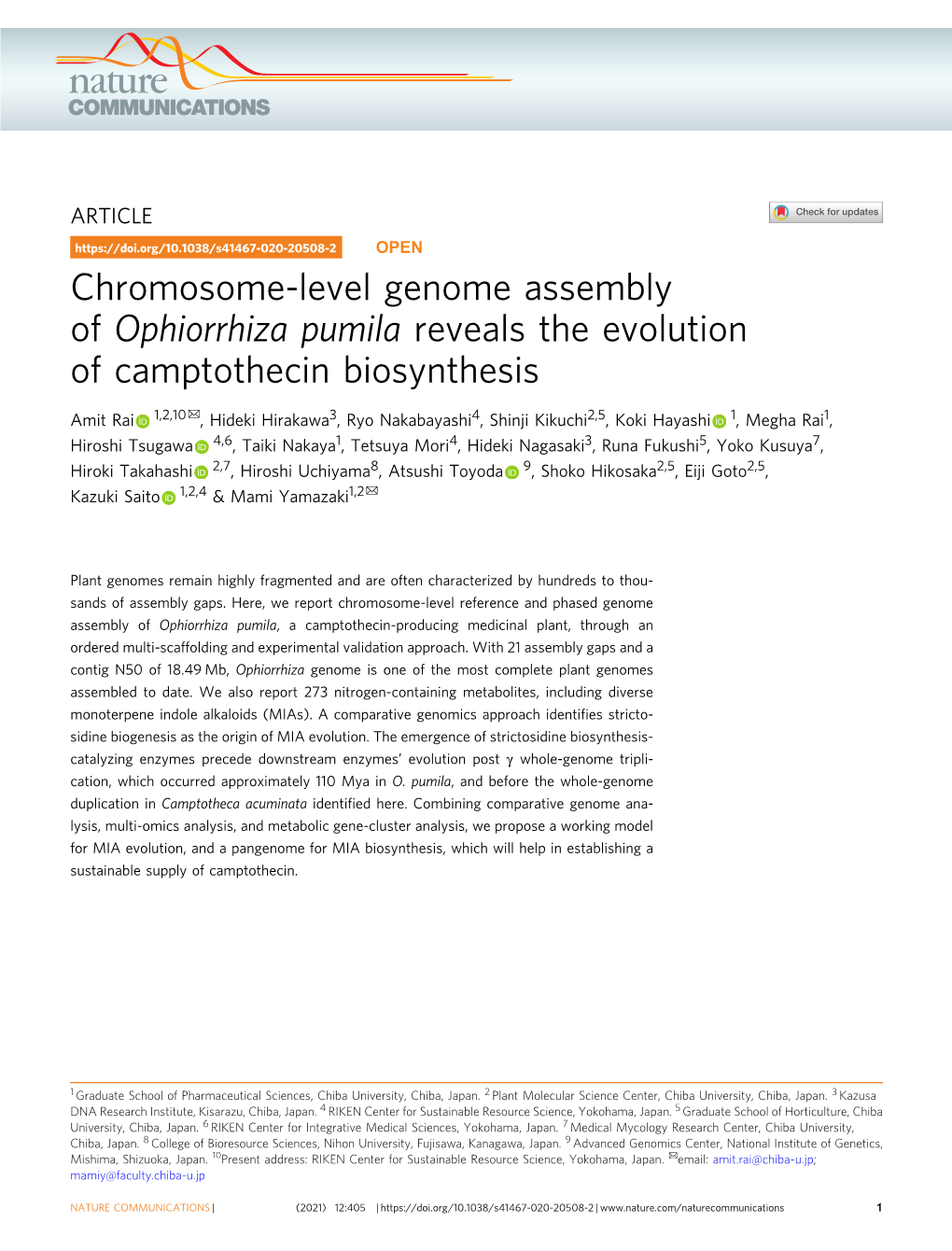 Chromosome-Level Genome Assembly of Ophiorrhiza Pumila Reveals The