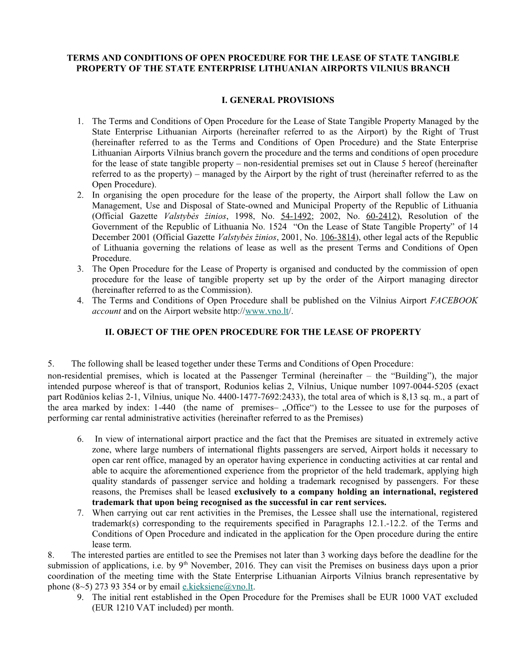 Terms and Conditions of Open Procedure for the Lease of State Tangible Property of The