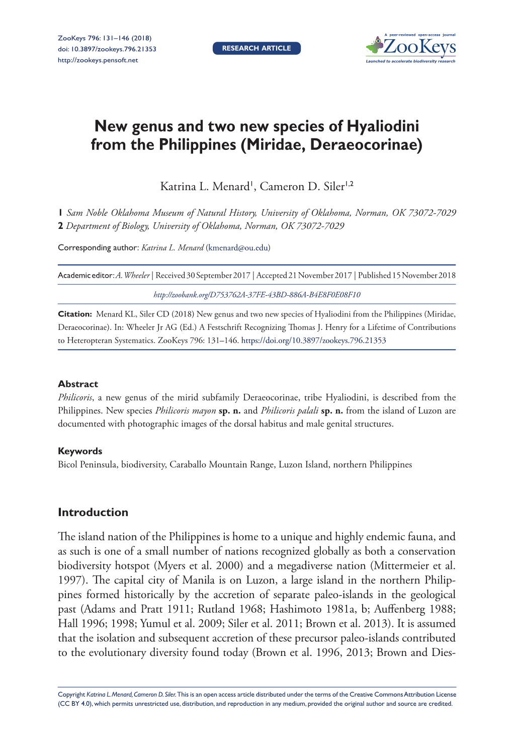 New Genus and Two New Species of Hyaliodini from the Philippines (Miridae, Deraeocorinae)