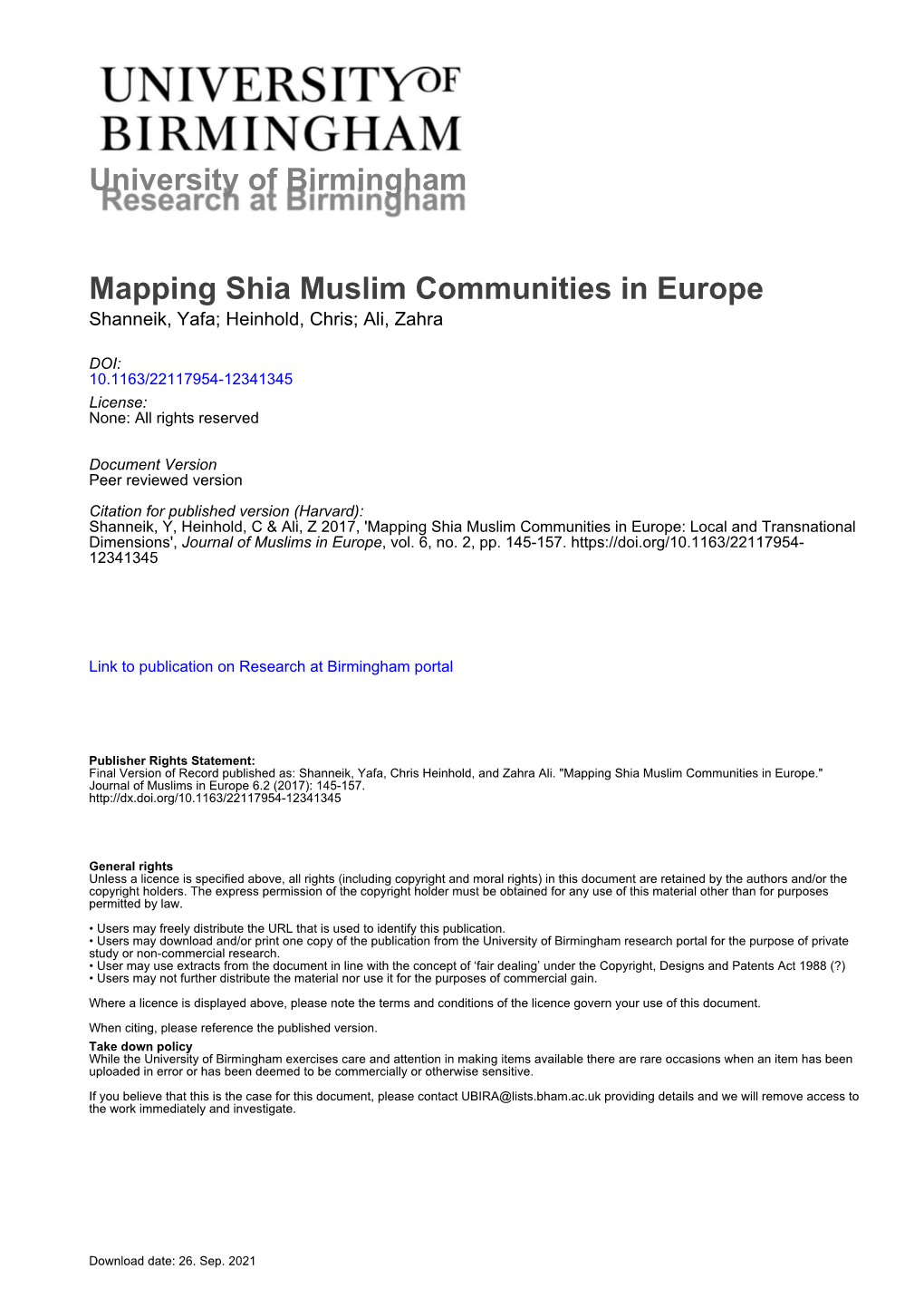 Mapping Shia Muslim Communities in Europe Shanneik, Yafa; Heinhold, Chris; Ali, Zahra