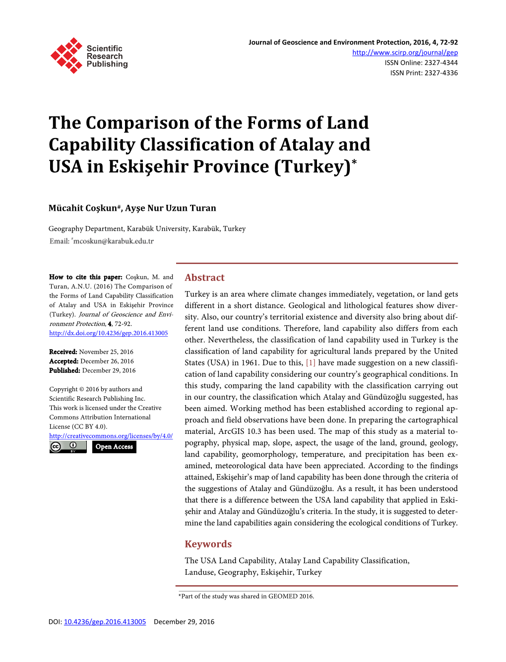 The Comparison of the Forms of Land Capability Classification of Atalay and USA in Eskişehir Province (Turkey)*