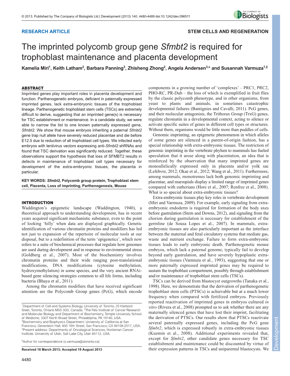 The Imprinted Polycomb Group Gene Sfmbt2 Is Required for Trophoblast