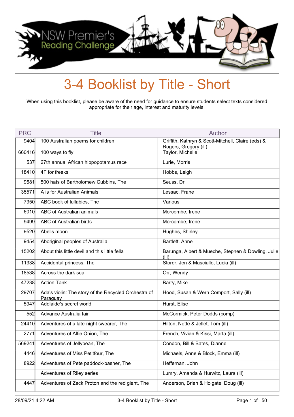 3-4 Booklist by Title - Short