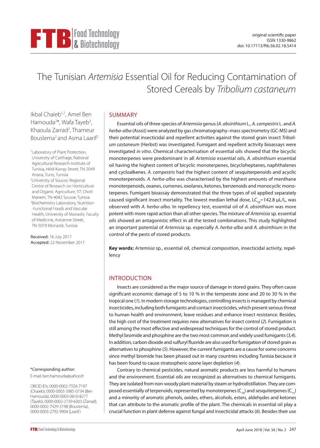 The Tunisian Artemisia Essential Oil for Reducing Contamination of Stored Cereals by Tribolium Castaneum