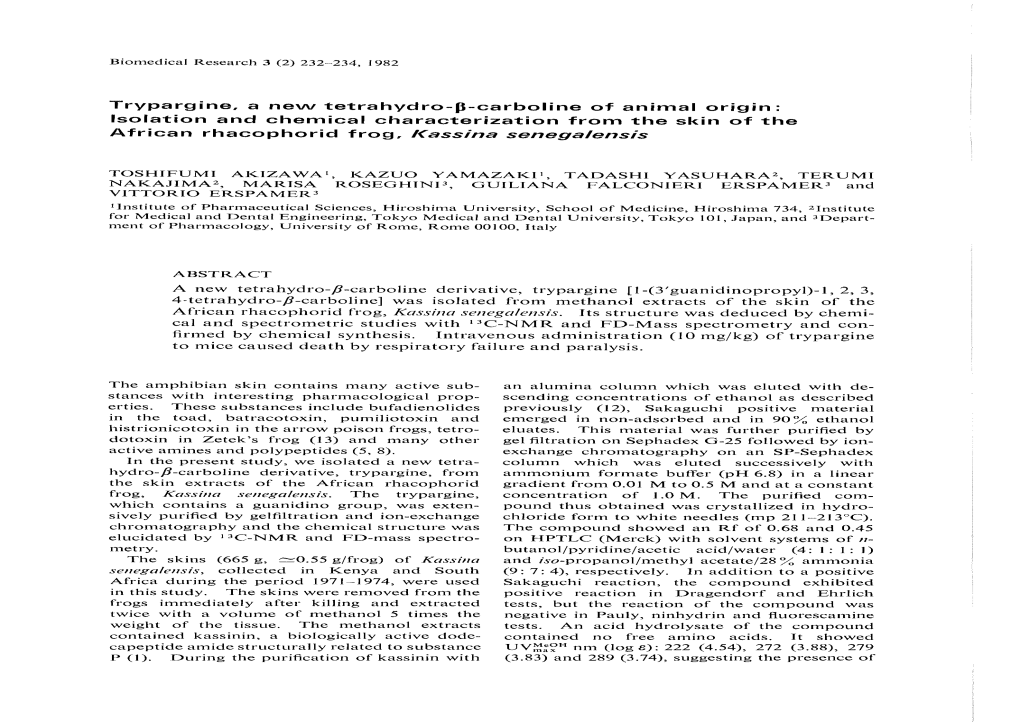 3-Carboline of Animal Origin: Isolation and Chemical Characterization from the Skin of the African Rhacophorid Frog, Kassina Senegalensis